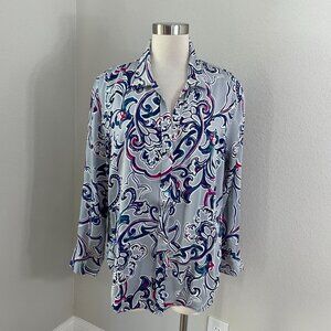 Chicos Womens 16/18 Button Up Long Sleeve Shirt Gray Paisley Print Blouse
